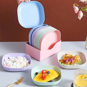 10pcs Plates Set With Holder (random Colours)